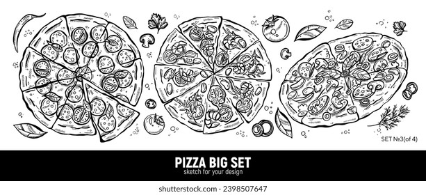 Pizza set, pepperoni, seafood pizza, pepperoni slice, classic pizza and ingredients. Hand drawing sketch.