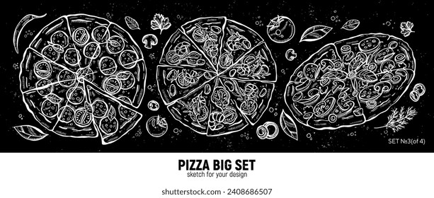 Pizza set, pepperoni, seafood pizza, pepperoni slice, classic pizza and ingredients. Hand drawing sketch.