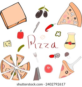 Pizza set, pizza products. Illustration for menu, design, decoration.