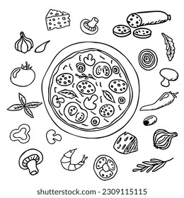 pizza set, round pizza with ingredients doodle hand drawn in cartoon style, comic isolated on white background. 