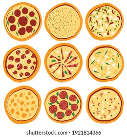 Pizza set salami pepperoni cheese seafood pepper nine pizza vector