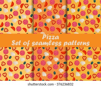 Pizza. Set of seamless patterns. Ingredients for pizza. The pattern for wallpaper, bed linen, tiles, fabrics, backgrounds. Vector illustration.
