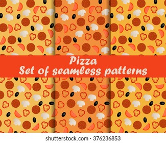 Pizza. Set of seamless patterns. Ingredients for pizza. The pattern for wallpaper, bed linen, tiles, fabrics, backgrounds. Vector illustration.
