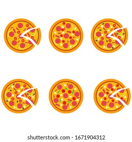 Pizza set of six color vector illustrations. Top view in a flat style. Isolated white background.