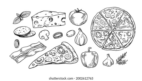 Pizza set, sketch style, doodle. Hand drawn vector illustration. Great for menu, poster or label.