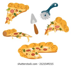 Pizza set. Pizza slices with cheese sausage pepper and mushrooms. Pizza knife and spatula. Tasty fast food. Vector cartoon hand draw illustration