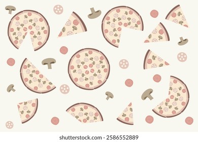 Pizza set. Slices of pizza with mushrooms, tomatoes and pepperoni. Tasty food. Restaurant menu and decor. Banner, brochure, poster, card. Vector illustration.