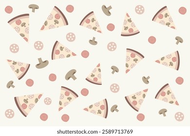 Pizza set. Slices of pizza with mushrooms, tomatoes and pepperoni. Tasty food. Restaurant menu and decor. Banner, brochure, poster, card. Vector illustration