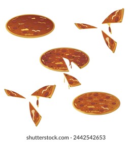 Pizza set, three pizzas, a whole pizza, and slices