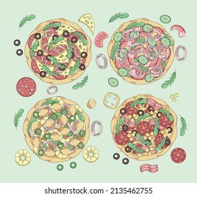 Pizza set: tomato, olive, paprika, salami, corn, beckon, cucumber, onion, shrimp. Cartoon, comics food style with black outline.