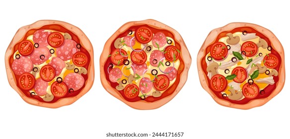 Pizza set top view with salami, olives, tomato and mushrooms isolated on white background. Whole pizza collection with cheese, tasty italian food.