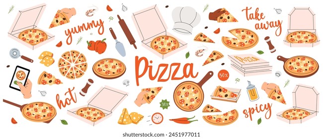 Pizza set. Traditional italian fast food. Restaurant cafe menu. Whole and pieces italian pizza. Vector illustration.