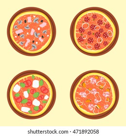 Pizza Set. A Variety Of Types. Flat Design Style. Vector illustration