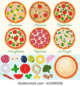 Pizza set vector illustration. Hawaiian, Margherita, Pepperoni, Vegetarian, Mexican, Mushroom pizza. Isolated pizza ingredients