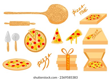 Pizza set of vector illustrations, pizza cooking, pizza making,Italian cuisine