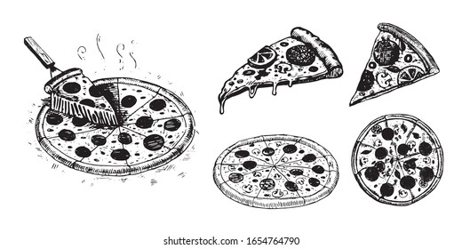 Pizza, set of vector images. Vector graphics for labels, menus, packaging design, advertising, interior designs and food service signage