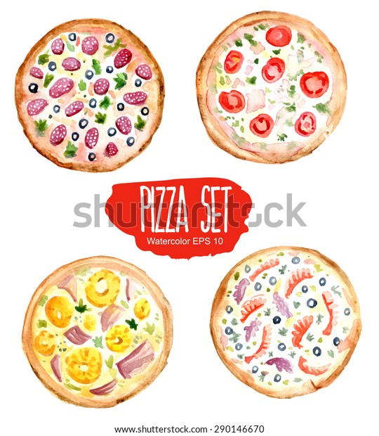 Pizza Set Vector Watercolor Illustration Stock Vector (Royalty Free ...