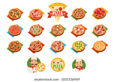 Pizza sett, popular varieties of pizzas vector Illustrations on a white background