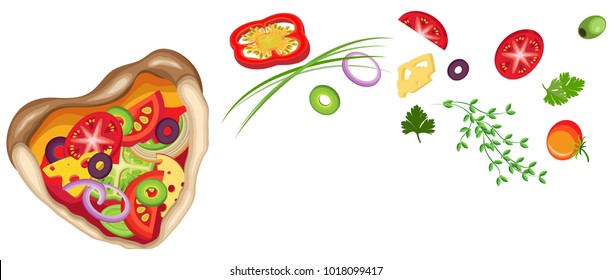 Pizza in the shape of heart with flying vegetables. Vector isolated object on a transparent background