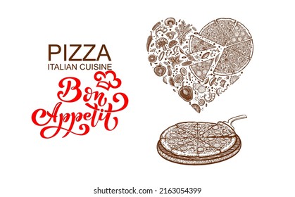 Pizza in the shape of a heart. Pizza and ingredients. Italian food menu design template. Hand drawn pizzeria menu template. Vector illustration