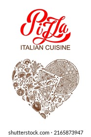 Pizza in the shape of a heart. Pizza and ingredients. Italian food menu design template. Hand drawn pizzeria menu template. Vector illustration