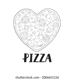 Pizza in the shape of a heart for Valentine's Day. Hand-drawn illustration of pizza. Vector sketch. Vintage pattern.