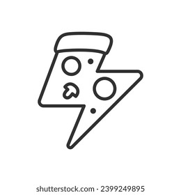 Pizza in the shape of a lightning bolt, linear icon. Line with editable stroke