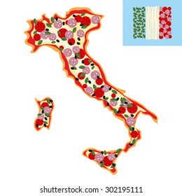 Pizza in shape of a map of Italy. Ingredients: sausage, cheese and tomatoes. Italian flag Country from love apple and pasta.
