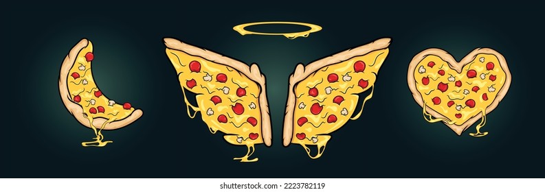 Pizza in the shape of wings with halo heart and crescent moon. Can be used by restaurants or cafe or general food related graphic design projects. Print as stickers or on tee shirts. Pizza wings 