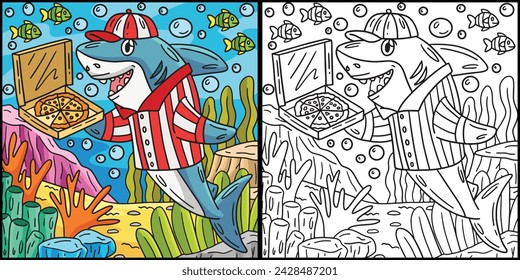 Pizza Shark Coloring Page Colored Illustration