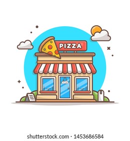 Pizza Shop Building Architecture Vector Illustration. Fast Food Restaurant Logo. Pizza Landmark Icon. Slice. Flat Cartoon Style Suitable for Web Landing Page, Banner, Flyer, Sticker, Card, Background