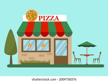 Pizza Shop Building With Outdoor Table In Flat Design. 