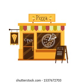 Pizza Shop Building Or Pizzeria Facade Flat Cartoon Vector Illustration Isolated On White Background. Street Small Restaurant Or Cafe Italian Food Front View Icon.