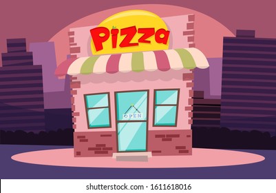 Pizza Shop Building Or Pizzeria Facade Flat Cartoon Vector Illustrationagainst The Background Of The Night City. Street Small Restaurant Or Cafe Italian Food Front View Icon.