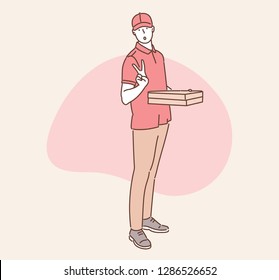 A pizza shop employee holding pizza box and pleasant look  hand drawn style vector design illustrations 