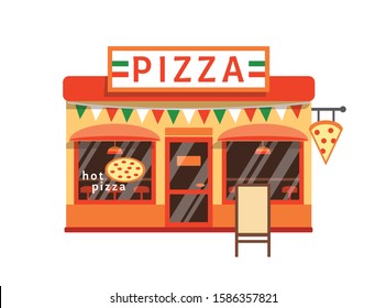 Pizza shop flat vector illustration. Pizzeria building facade with signboard isolated on white background. Small cafe with traditional italian cuisine. Cartoon pizza margarita restaurant.