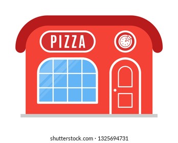 Pizza shop icon. Vector illustration isolated on white background. The facade of the building in flat style. Sign of the house is red color. Stylish cartoon image.