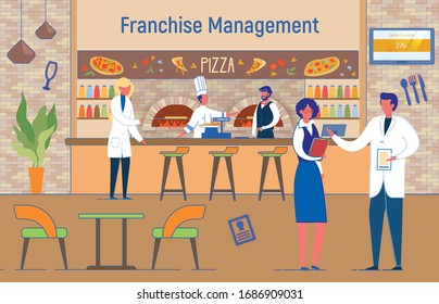 Pizza Shop, Italian Pizzeria Cafe Flat Cartoon Vector Illustration. Small Franchise Business. Chef Cooking Food. Management, Owner Holding Certificate Document. Female Manager With Menu.