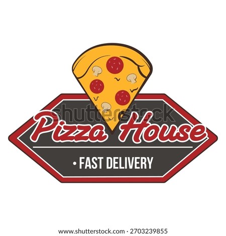 A pizza shop logo featuring a pizza slice with toppings above bold text reading Pizza House and Fast Delivery, on white background. Vector illustration