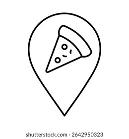 Pizza Shop Pointer Line Icon (Ícone de linha de ponteiro de pizzaria). Traço editável. Fixar, Navegação, Direção, Ilustração de vetor de ícones de marcadores