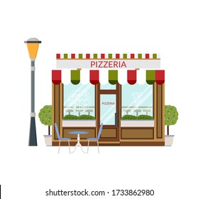 Pizza shop, storefront. Flat icon of pizzeria facade. Italian restaurant, vector illustration in flat style