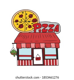 Pizza tienda ilustración vectorial de la vista frontal . Moderno. Fachada de la casa con puertas y ventanas