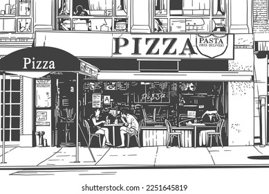 Pizza shopfront view. Vector line art illustration