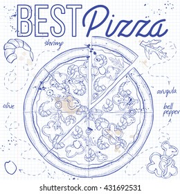 Pizza with shrimp on a notebook page