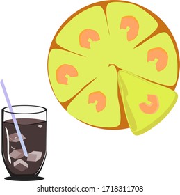 Pizza with shrimp Vegetables and cheese on a wooden tray And a cola glass, vector illustration Simple cartoon