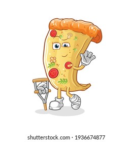 pizza sick with limping stick character. cartoon mascot vector