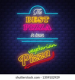 Pizza sign collection - Neon Sign Vector. Pizza sign collection  - neon sign on brick wall background, design element, light banner, announcement neon signboard, night advensing. Vector Illustration