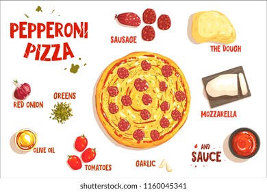 Pizza sign in form piece of peperoni. Vector illustration