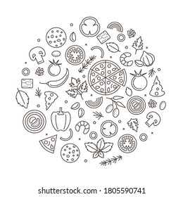 Pizza Sign Round Design Template Black Thin Line Icon Banner Include of Cheese, Mushroom, Olive and Sausage. Vector illustration of Lineart