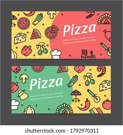 Pizza Signs Banner Horizontal Set with Color Outline Icons . Vector illustration of Banners Cards for Advertising and Promotion
